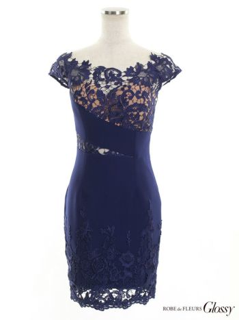 ROBEdeFLEURS Glossy[ローブドフルール グロッシー]ケミカル レース切替 オフショルダー ブルー ミニドレス[1467bl]