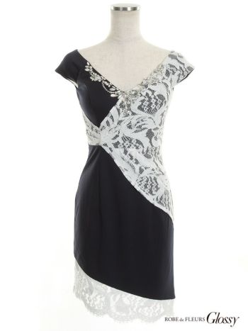 ローブドフルール グロッシー [Glossy] アシンメトリー レースドッキング ネイビー× ホワイト ミニドレス[1426nvwh]