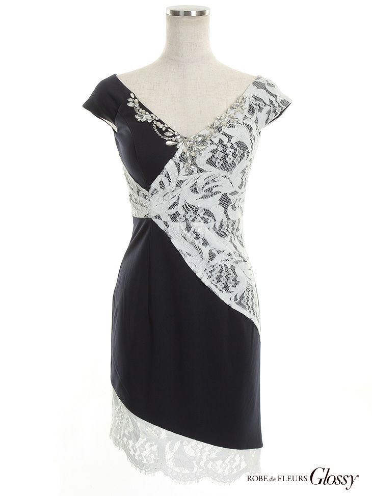 ローブドフルール グロッシー [Glossy] アシンメトリー レースドッキング ネイビー× ホワイト ミニドレス[1426nvwh]