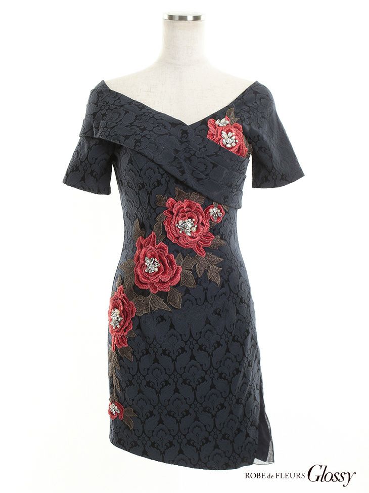 ROBEdeFLEURS Glossy[ローブドフルール グロッシー]ジャガード× 刺繍レース 五分袖 ネイビー ミニドレス [1359nv]