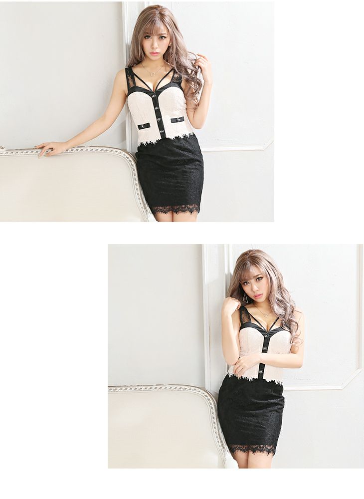 ROBEdeFLEURS Glossy[ローブドフルール グロッシー]バイカラー切り替え× 総レース セットアップ ミニドレス[華][1825]