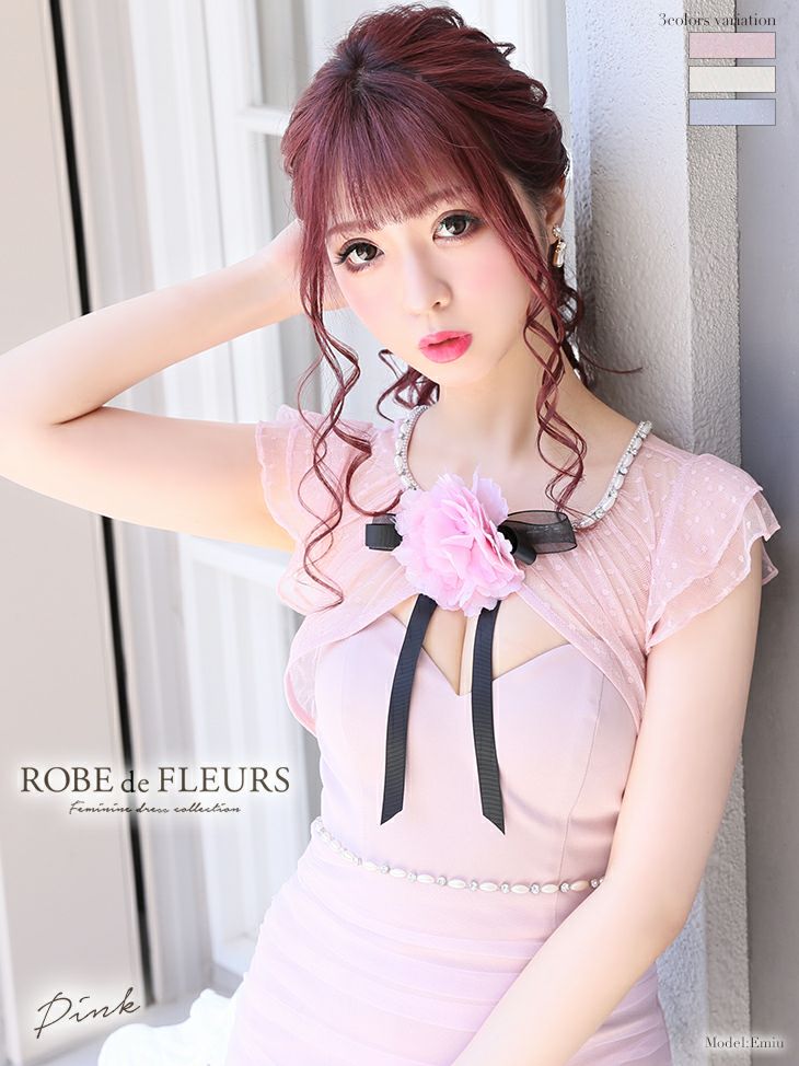 ローブドフルール ROBEdeFLEURS fm1751　胸元フラワーコサージュ×ドットチュール切替タイトミニドレス (3color）(S/M)[送料無料]