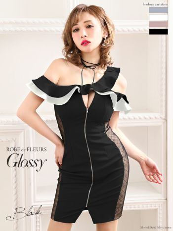 ROBEdeFLEURS Glossy[ローブドフルール グロッシー]フロント ジッパー×アシメ フリル ミニドレス[真優川咲][1832]