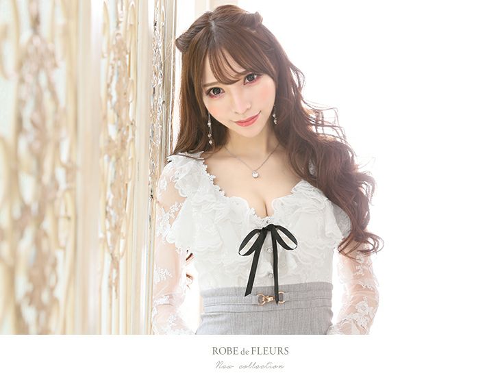 ROBEdeFLEURS ローブドフルール 刺繍 チュールレース× ロングスリーブ タイト ミニドレス[1791]