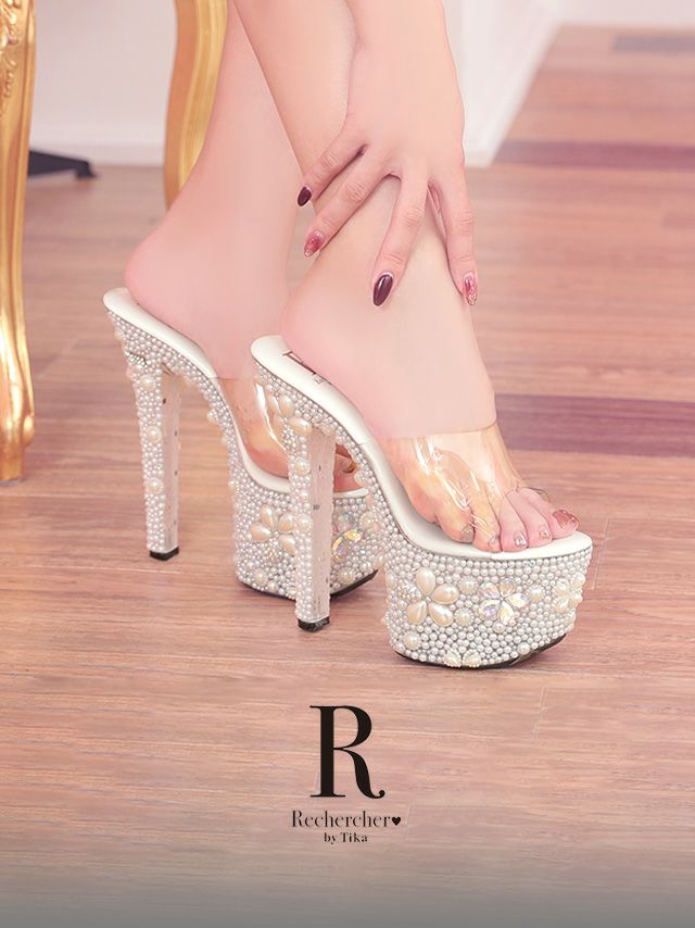 Rechercher/ルシェルシェ】キャバヒール パール×ビジュー 厚底 クリア 