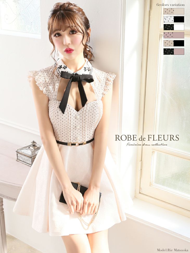 ROBEdeFLEURS ローブドフルール ビジュー襟リボン×ピンドットタ フレア ミニドレス[6color][1787]