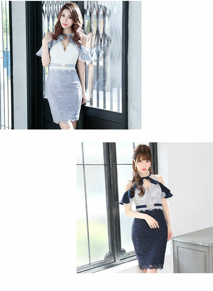 DEA by ROBEdeFLEURS[ディア バイ ローブドフルール]バイカラー フリル オフショル ひざ丈ドレス[1862]