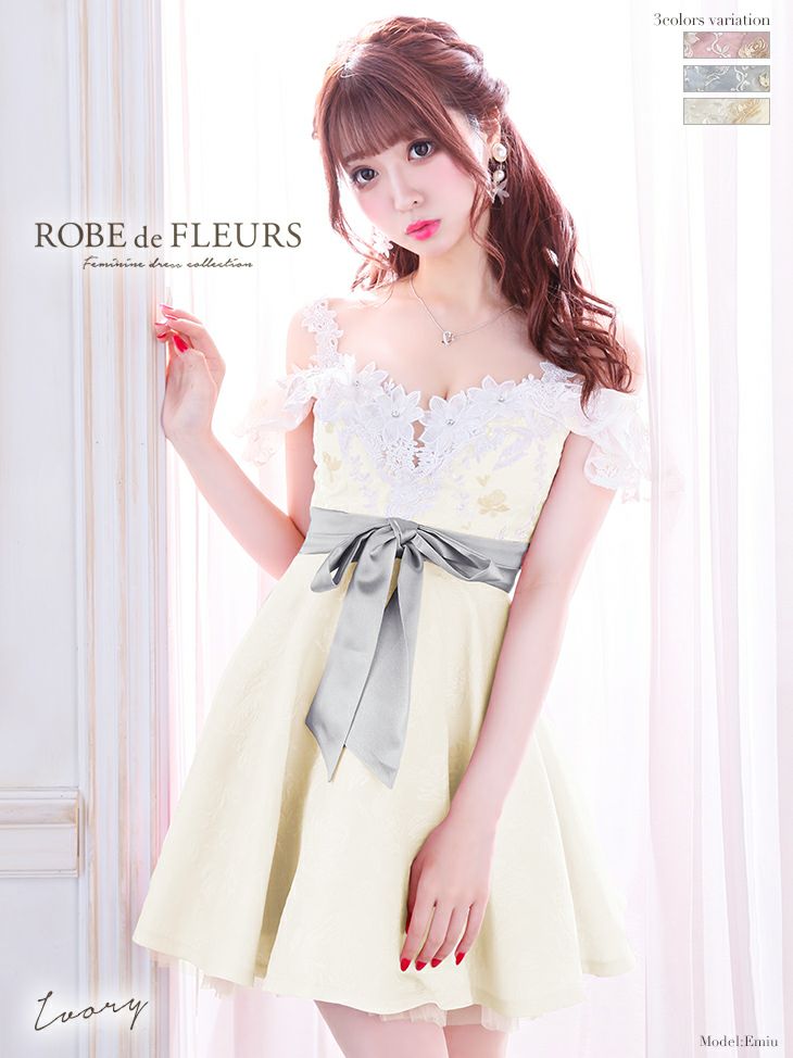 ローブドフルール ROBEdeFLEURS fm1895 ローズジャガード×フラワーレースフレアミニドレス（3color）(S/M)[送料無料]