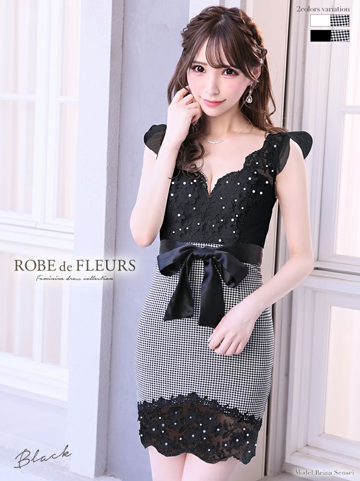 ローブドフルール ROBEdeFLEURS fm1922 千鳥格子×フラワーモチーフタイトミニドレス（2color)/S/M)[送料無料]