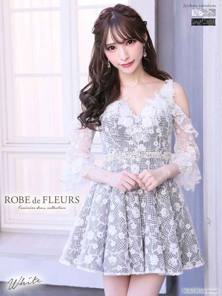 ROBEdeFLEURS ローブドフルール 千鳥格子× フラワーモチーフ フレア ミニドレス[1773wh]