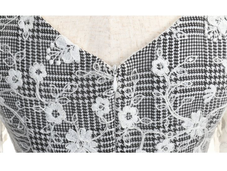 ROBEdeFLEURS ローブドフルール 千鳥格子× フラワーモチーフ フレア ミニドレス[1773bk]