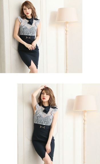 ディア バイ ローブドフルール [DEA] 1608 リボンネック  レース切替  ミニドレス