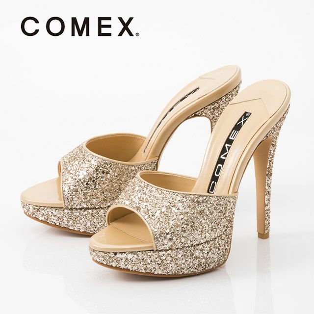 COMEX[コメックス]グリッター ラメ ハイヒール オープントゥ ミュール サンダル[ベージュ][22cmあり][13cmヒール][5647be]
