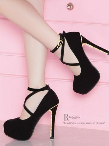 Rechercher[ルシェルシェ] クロスベルト ストラップ サンダル(ブラック)(22.5ｃｍ～25.0ｃｍ)(13.5cmヒール)