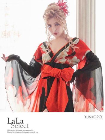 [LaLaTulle select] [プチプラ] オーガンジー 和柄デザイン ロングドレス [ブラック×レッド]