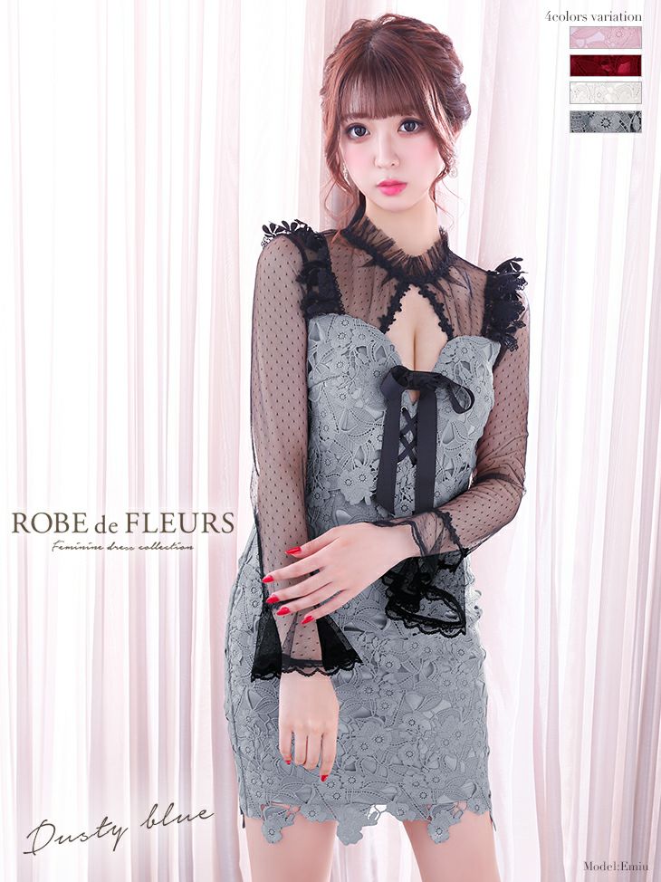 ROBEdeFLEURS ローブドフルール バストレースアップ×ドット ロングスリーブ タイト ミニドレス [1984]