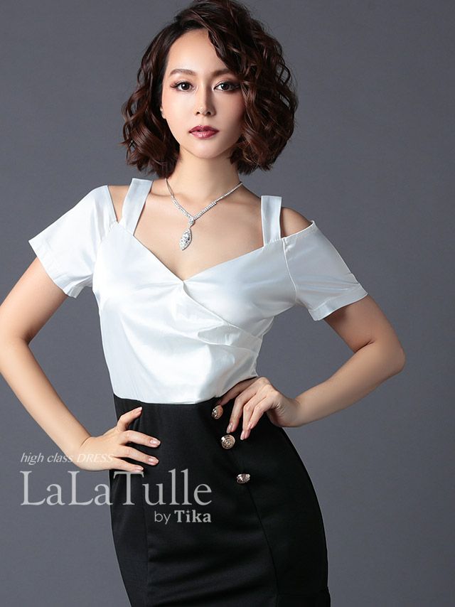 LaLatulle ララチュール オフショル×マーメイドラインバイカラーミニドレス (ホワイト×ブラック) (S/M/L/XL)