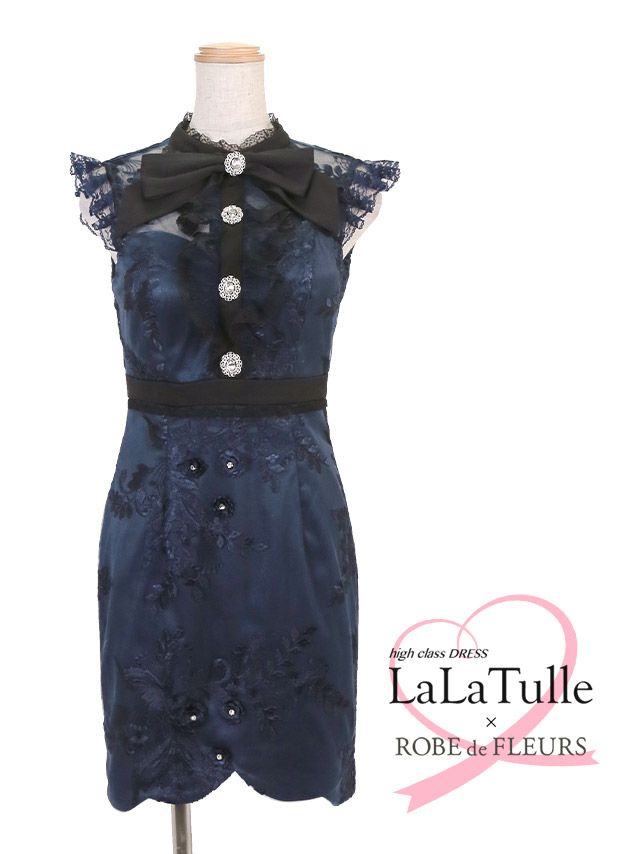 ROBE de FLEURS ネイビー タイトドレス ROBEdeFLEURS/ローブドフルール】リボンネック×ラグジュアリー