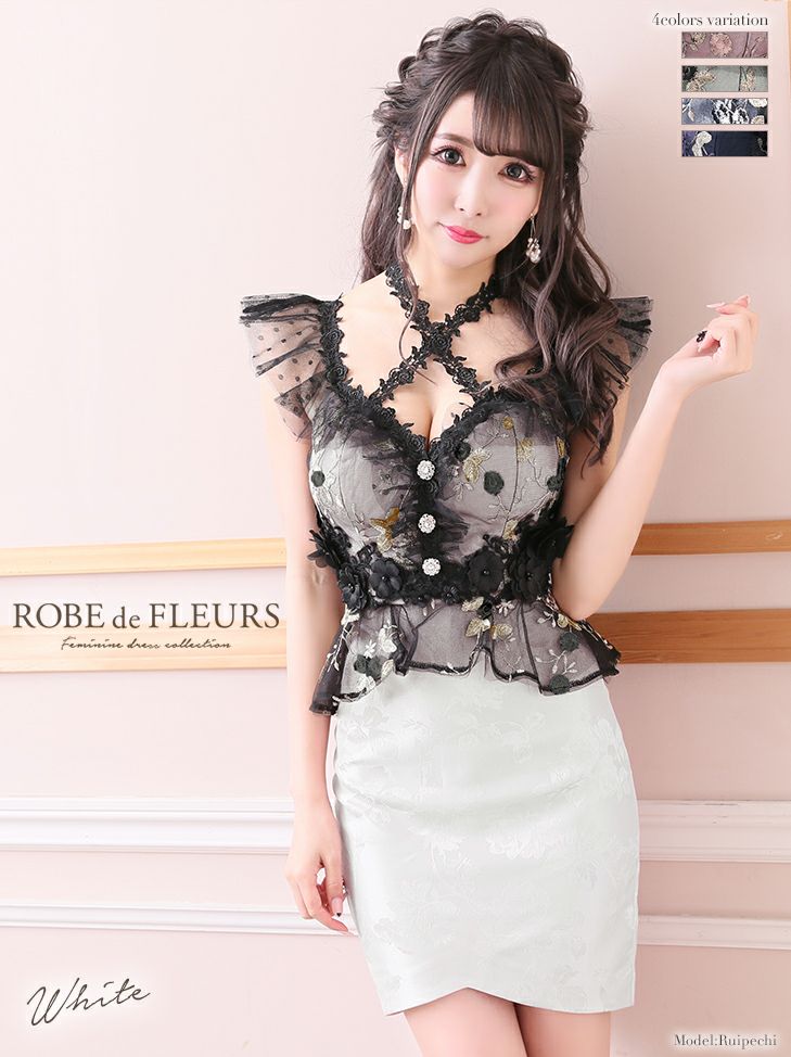 ROBEdeFLEURS ローブドフルール フラワー 刺繍レース×ジャガードドレス[1983]