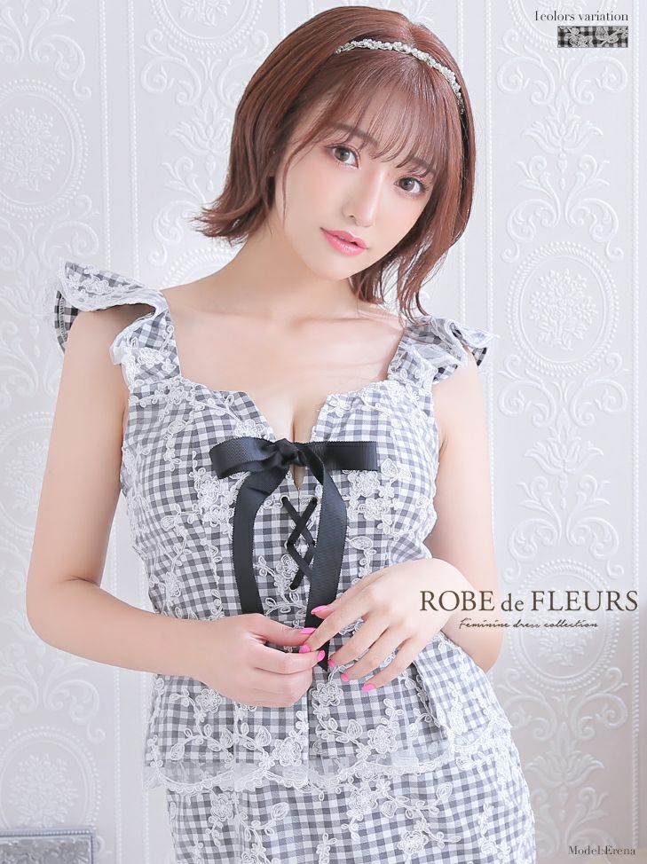 ROBEdeFLEURS/ローブドフルール】ギンガム チェックレース ペプラム 