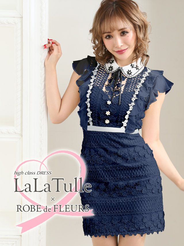 ROBEdeFLEURS ローブドフルール ビジュー襟リボン×立体 刺繍レース タイト ミニドレス[1803]