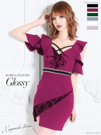 ROBEdeFLEURS Glossy[ローブドフルール グロッシー]ブラック レース切替× ストレッチ ミニドレス[XS/Lあり][桜咲乃愛][1843]