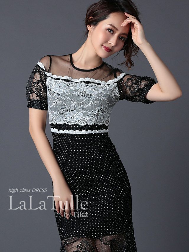 LaLatulle ララチュール キャバドレス ドットレース×マーメイドスカートタイトミニドレス(1color)(S/M/L/XL)