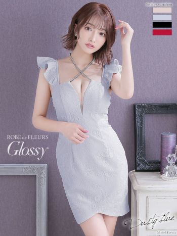 ROBEdeFLEURS Glossy[ローブドフルール グロッシー]ビジュークロス× フリル ノースリーブ ミニドレス[Erena][2089]