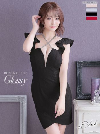 ROBEdeFLEURS Glossy[ローブドフルール グロッシー]ビジュークロス× フリル ノースリーブ ミニドレス[Erena][2089]