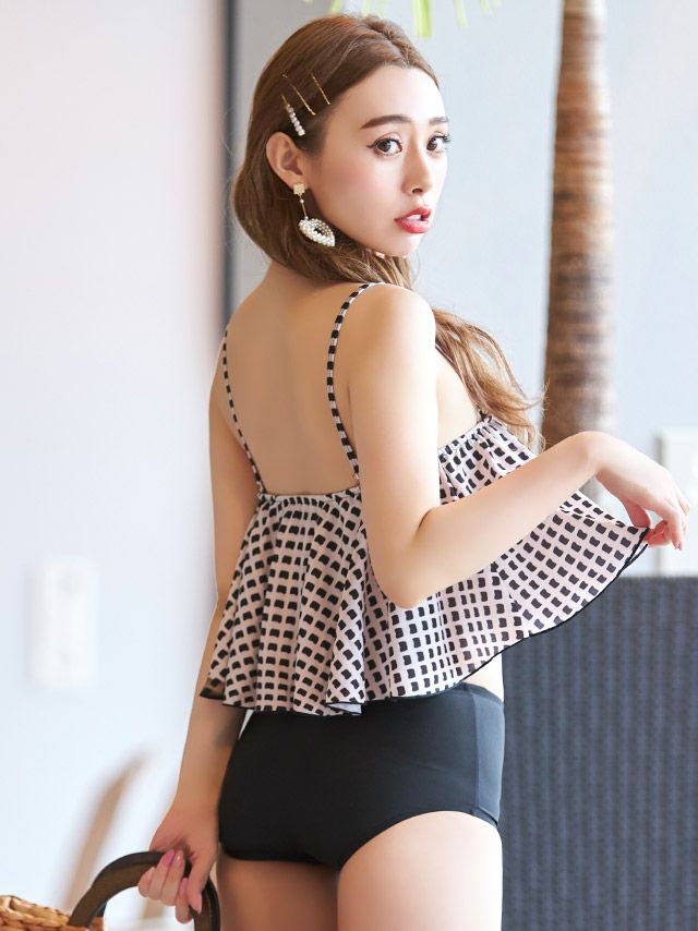 [水着]モノトーン ブロック柄 フレアトップ ハイウエスト ビキニ(Lあり)