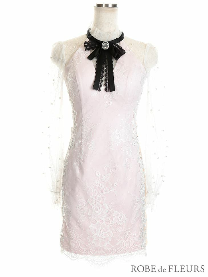 ROBEdeFLEURS ローブドフルール サイド チュール切替× ロングスリーブ タイト ミニドレス[2105]