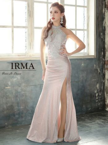 キャバドレス IRMA[イルマ]91738 ラメニット レース 刺繍 スリット入り タイト ロングドレス(パープルネイビー/ピンクベージュ)(M)