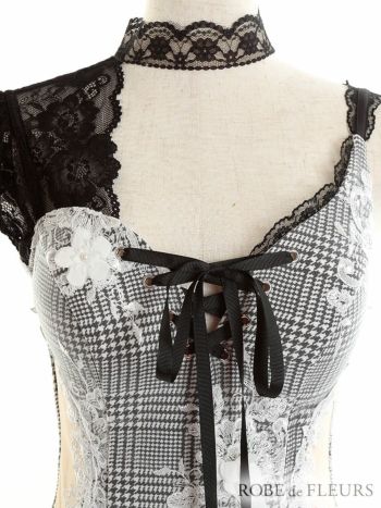 ROBEdeFLEURS ローブドフルール  サイド チュール切替×ギンガムチェック タイト ミニドレス[2176]