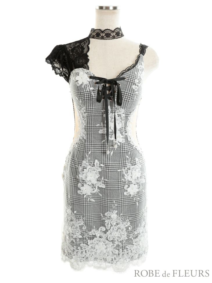 ROBEdeFLEURS ローブドフルール  サイド チュール切替×ギンガムチェック タイト ミニドレス[2176]