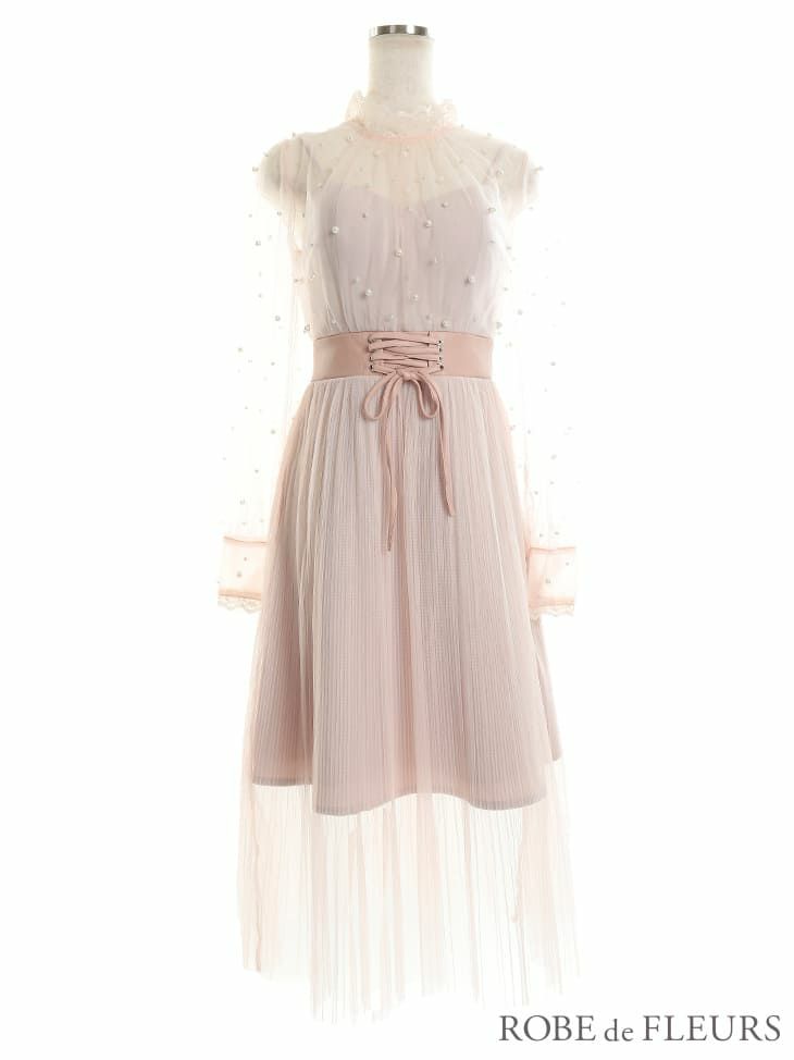 ROBEdeFLEURS ローブドフルール  パール チュール×合皮ベルトデザイン マキシドレス[2237]