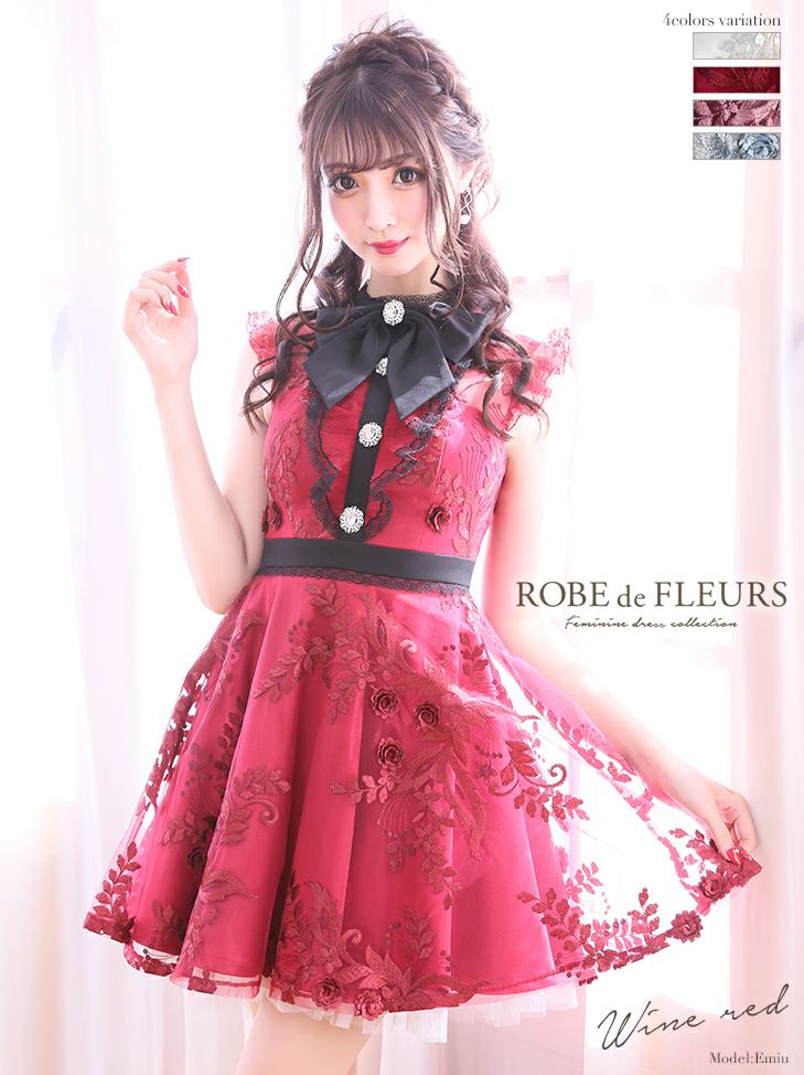 ROBEdeFLEURS [ローブドフルール] fm1893 リボンネック×ラグジュアリー フレアミニ高級ドレス( ワイン レッド)(XS/S/M/L) [ローブドフルール] rf-md-fm1903z1 フリル ノースリーブインナーパンツ セットアップセミ タイト ミニドレス(3color)(XS/S/M/L)