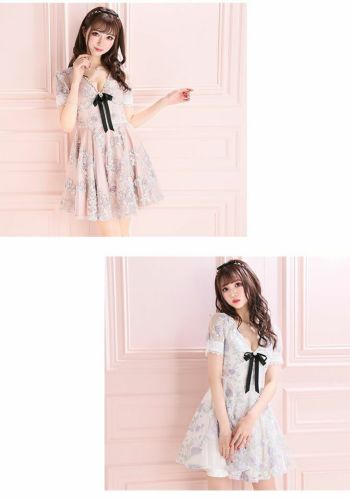 ROBE de FLEURS ローブドフルール 襟付きフレアミディキャバドレス ROBE de FLEURS/ローブドフルール】パール/襟/ ベルト付き