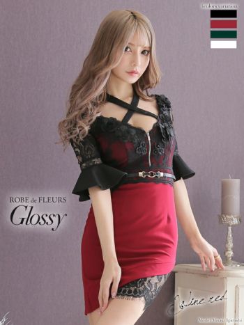 ROBEdeFLEURS Glossy[ローブドフルール グロッシー]ブラック レース 五分袖 ベルト付き ホワイト ミニドレス[XS/Lあり][真優川咲][1781]