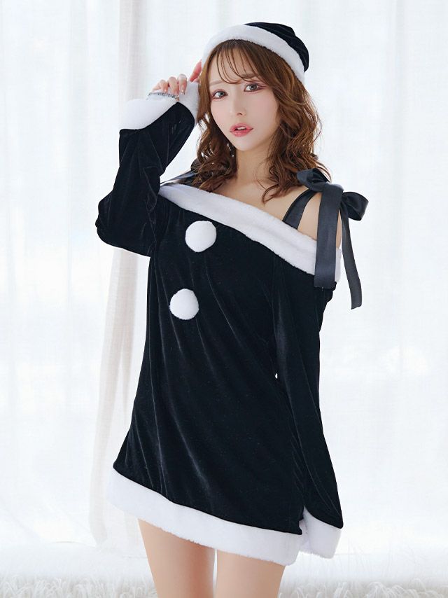 [サンタコスプレ SET]肩だしリボン 長袖オフショルダー ワンピース サンタコス[綾野あすか/エレナ]