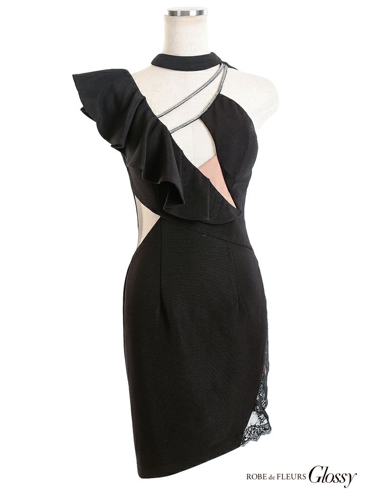 ROBEdeFLEURS Glossy[ローブドフルール グロッシー]フリル× ラインビジュー ワンカラー ミニドレス[真優川咲][2268]