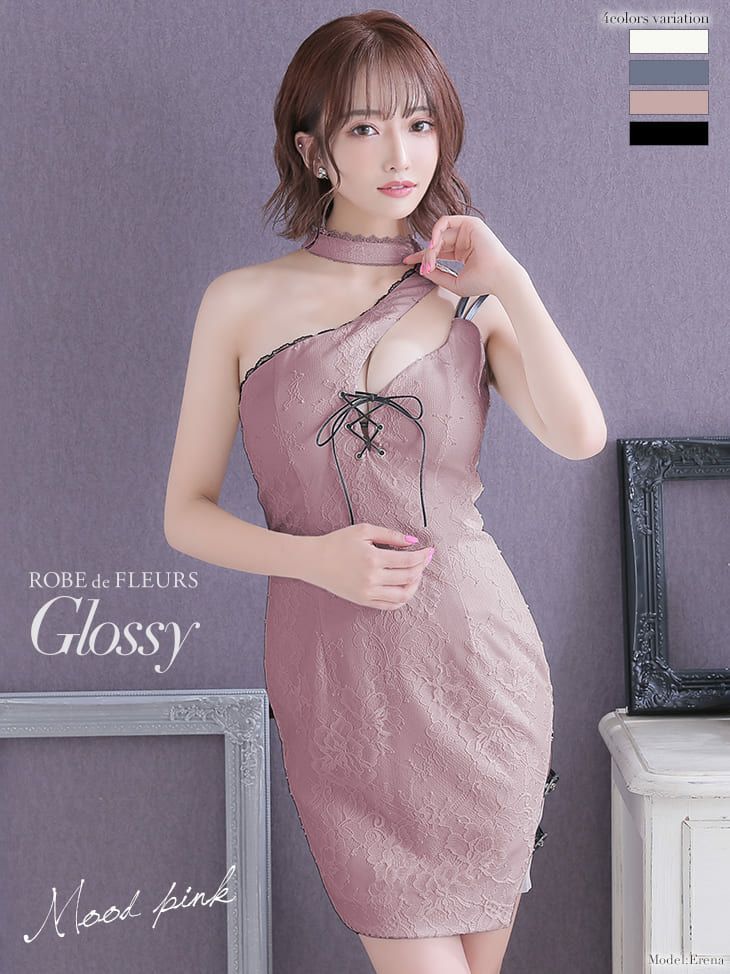 ROBEdeFLEURS Glossy[ローブドフルール グロッシー]レース×レザー ワンショルダー ミニドレス[Erena][2119]