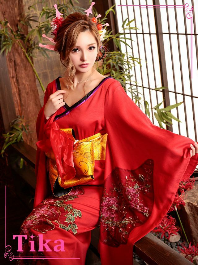 [ハロウィン コスプレ通販]和風フラワー刺繍おいらんハロウィンコスプレ風ロングドレス衣装(レッド)(Mサイズ)