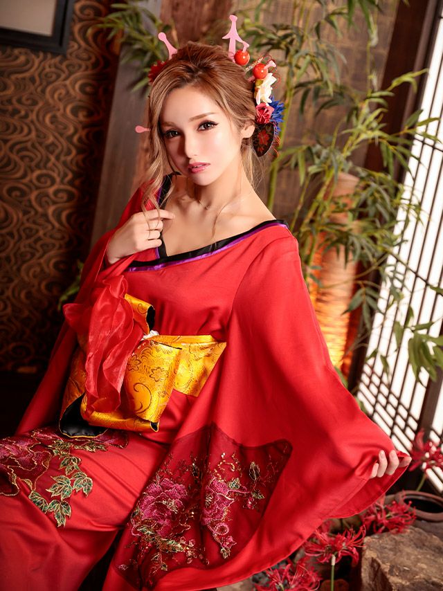 [ハロウィン コスプレ通販]和風フラワー刺繍おいらんハロウィンコスプレ風ロングドレス衣装(レッド)(Mサイズ)