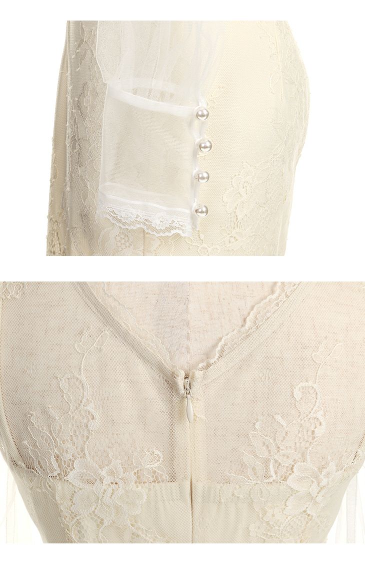 ROBEdeFLEURS ローブドフルール シフォンレース×パール 長袖 ミニドレス[2294]