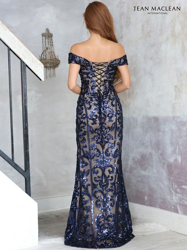 JEANMACLEANの品番91856のジャガードスパンコールオフショルマーメイドロングドレス
