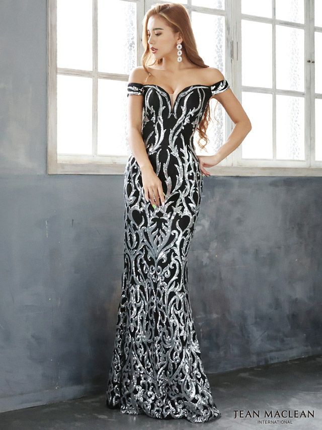 JEANMACLEANの品番91857のスパンコール刺繍ワンカラーオフショルタイトロングドレス