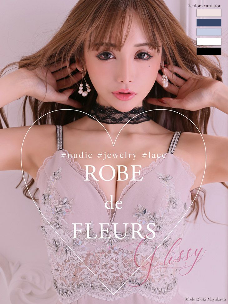 ROBEdeFLEURS Glossy[ローブドフルール グロッシー]チョーカー付き レース×ビジューキャミ ミニドレス[真優川咲][2050]