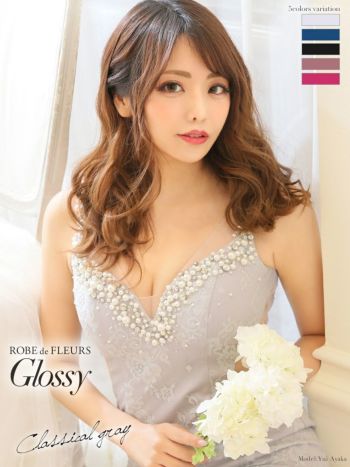 ROBEdeFLEURS Glossy[ローブドフルール グロッシー]レース×パール サイドカット ノースリーブ ミニドレス[真優川咲][2165]