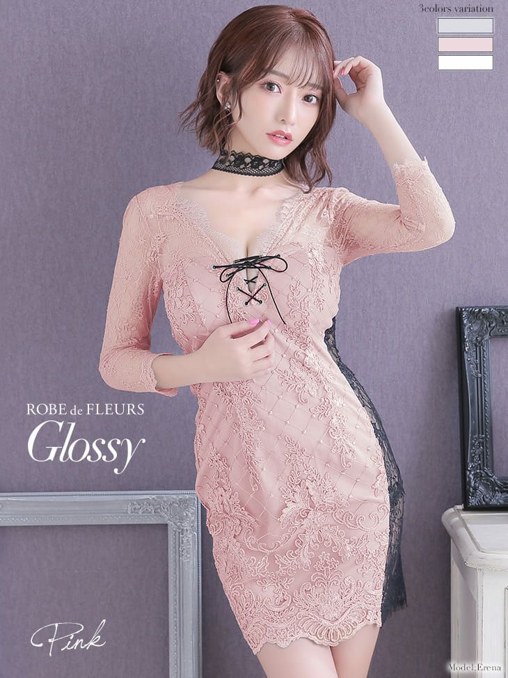 ROBEdeFLEURS Glossy[ローブドフルール グロッシー]サイドレース切替× ロングスリーブ ミニドレス[XS/Lあり][彩花ゆい][2332]