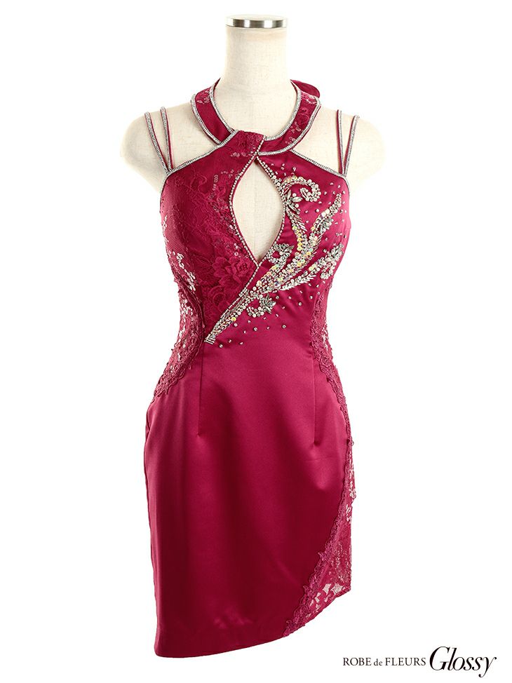 ROBEdeFLEURS Glossy[ローブドフルール グロッシー]レース× スパンコール 刺繍 ホルターネック ミニドレス[真優川咲][2194]